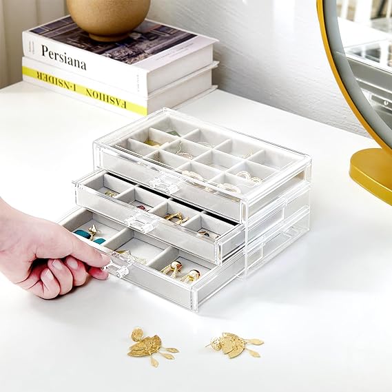 Earring Organizer Jewelry Organizer Box with 3 Drawers, Acrylic Stackable Jewelry Holder Clear Earring Storage Case with Adjustable Velvet Trays for Women on Dresser Vanity -Grey, 3 Layers