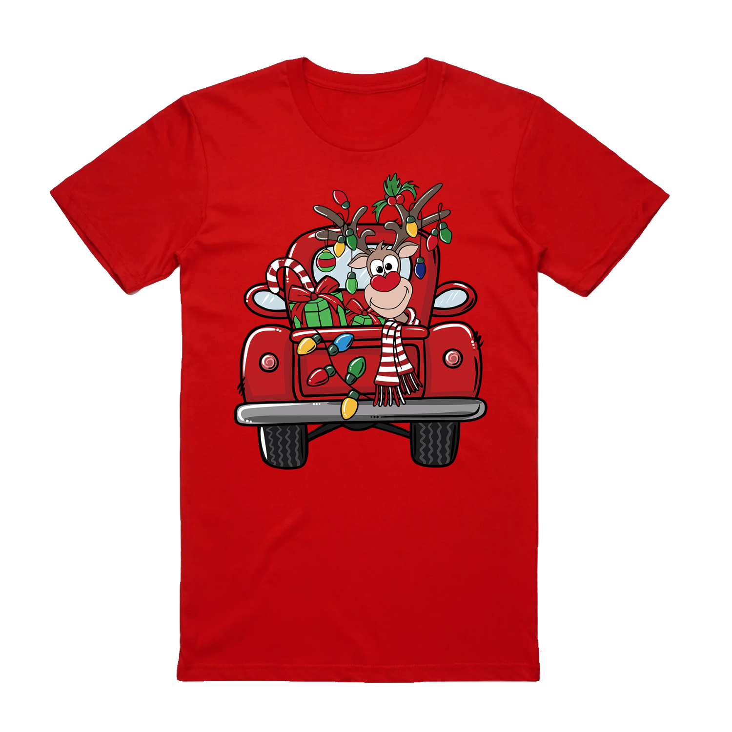 100% Cotton Christmas T-shirt Adult Unisex Tee Tops - Car with Reindeer