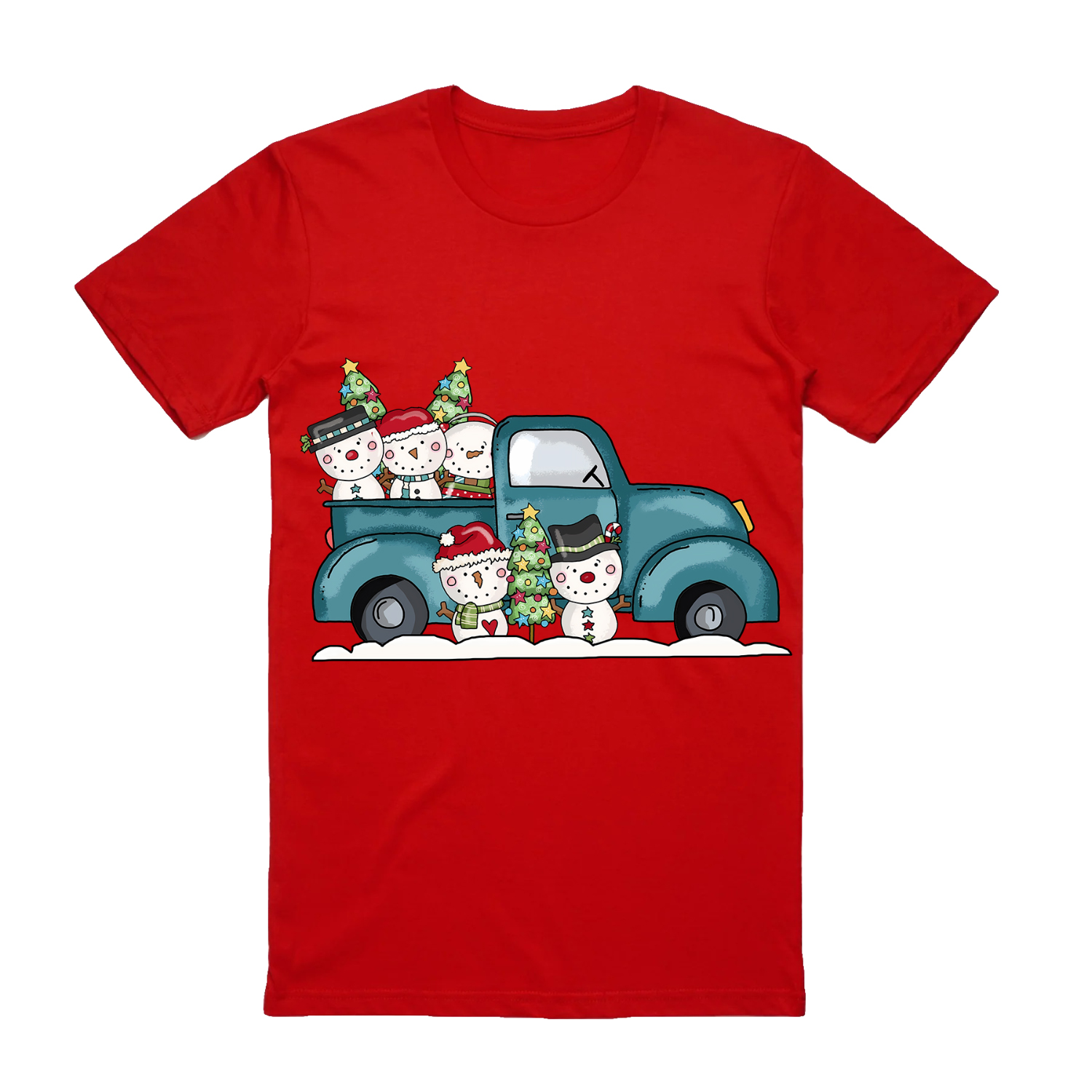 100% Cotton Christmas T-shirt Adult Unisex Tee Tops - Car with Snowman