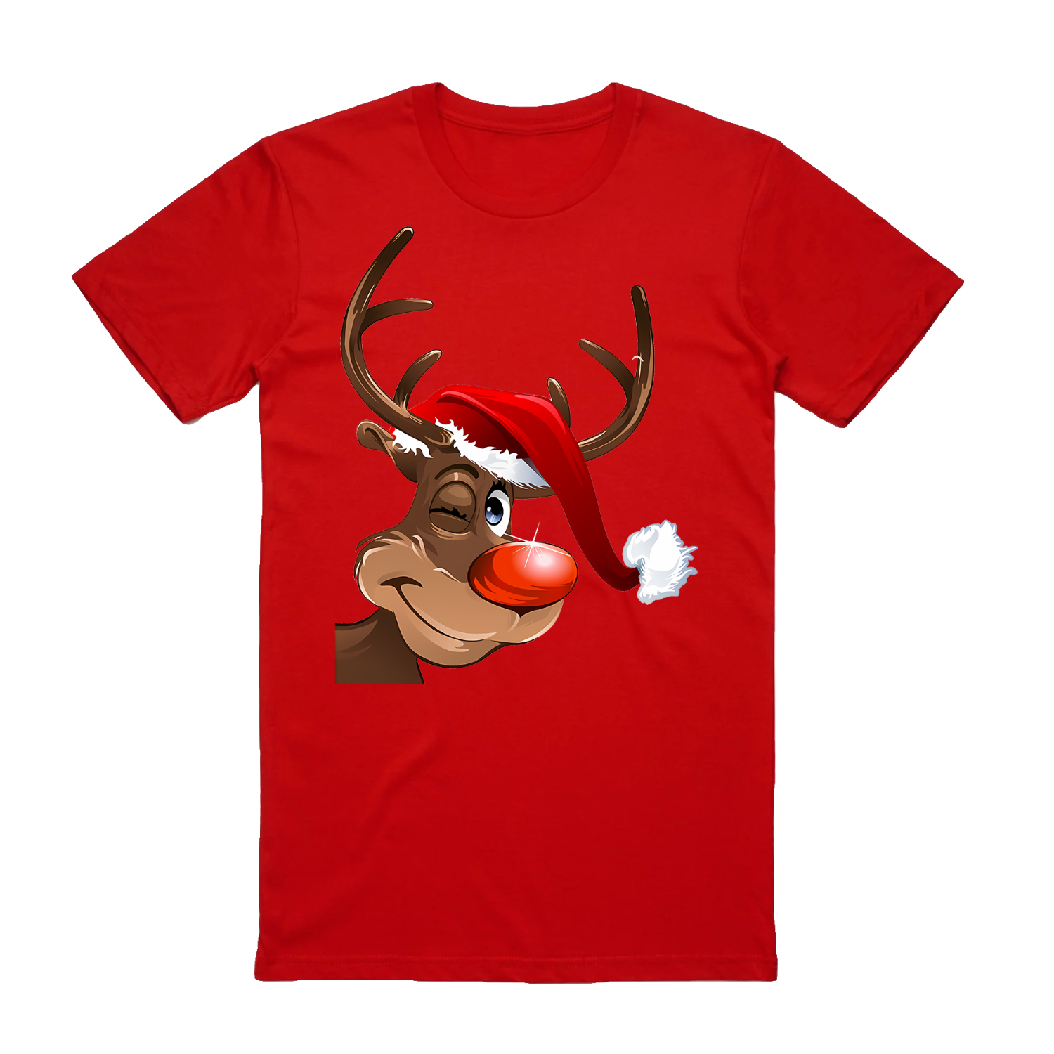 100% Cotton Christmas T-shirt Adult Unisex Tee Tops - Reindeer Wink