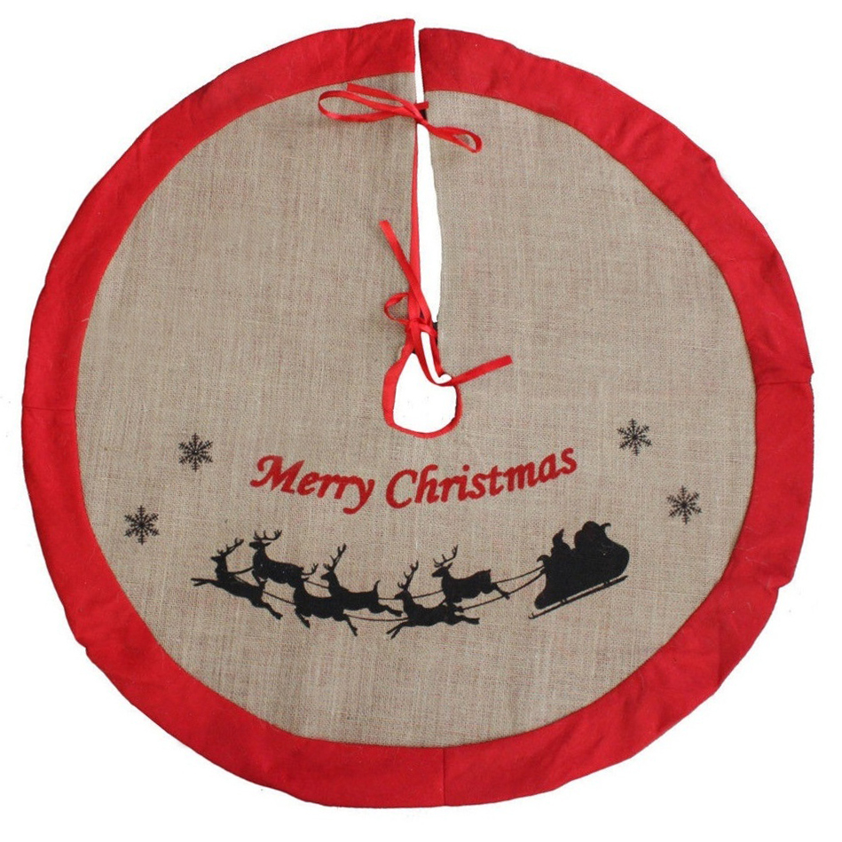 84cm Burlap Christmas Tree Skirt Hessian Merry Xmas Santa Reindeer Floor Décor