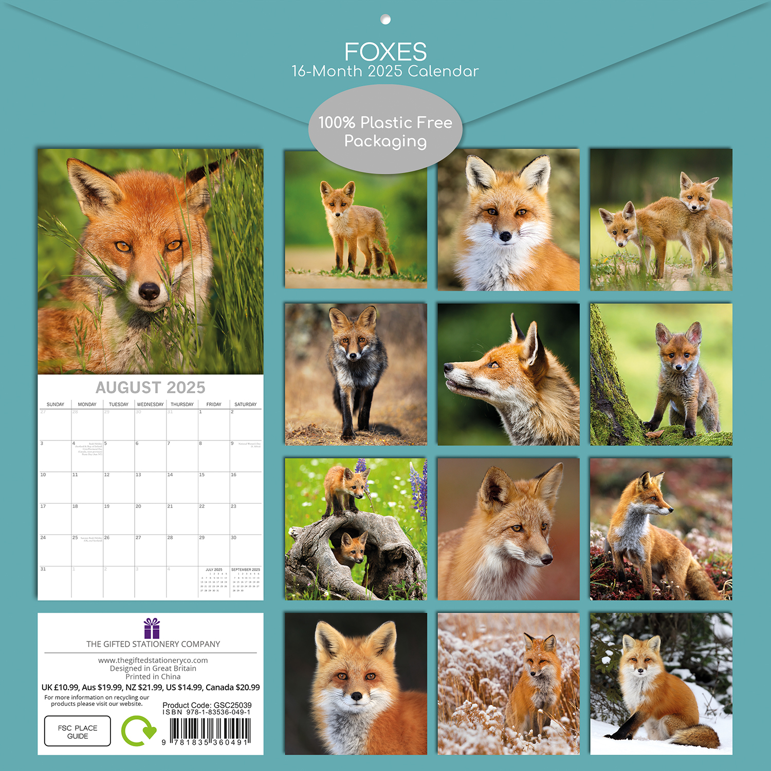 Foxes - 2025 Square Wall Calendar Pets Animals 16 Months Premium Plann