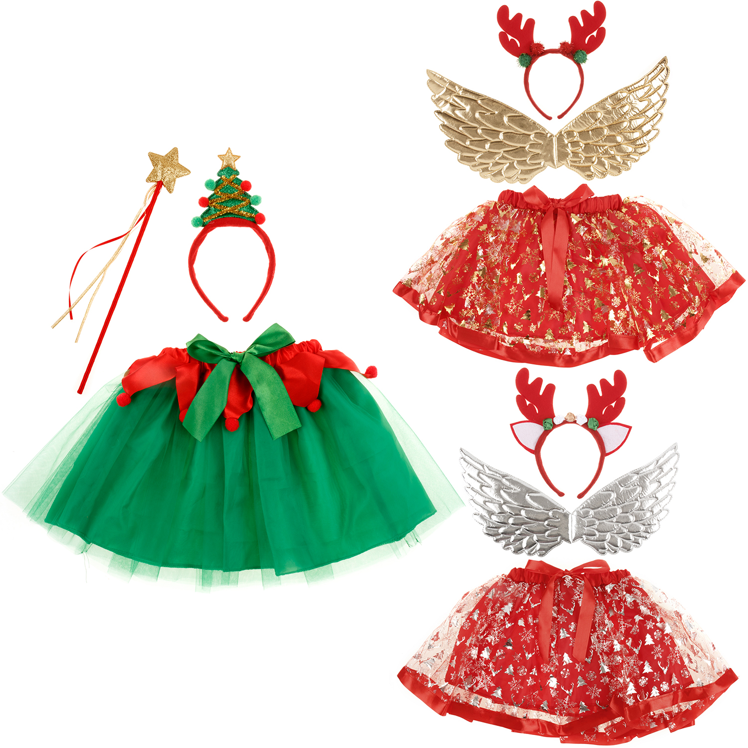 Christmas Girls Tutu Skirt w Headband Wand Wings Set Tulle Kids Dress Party Wear