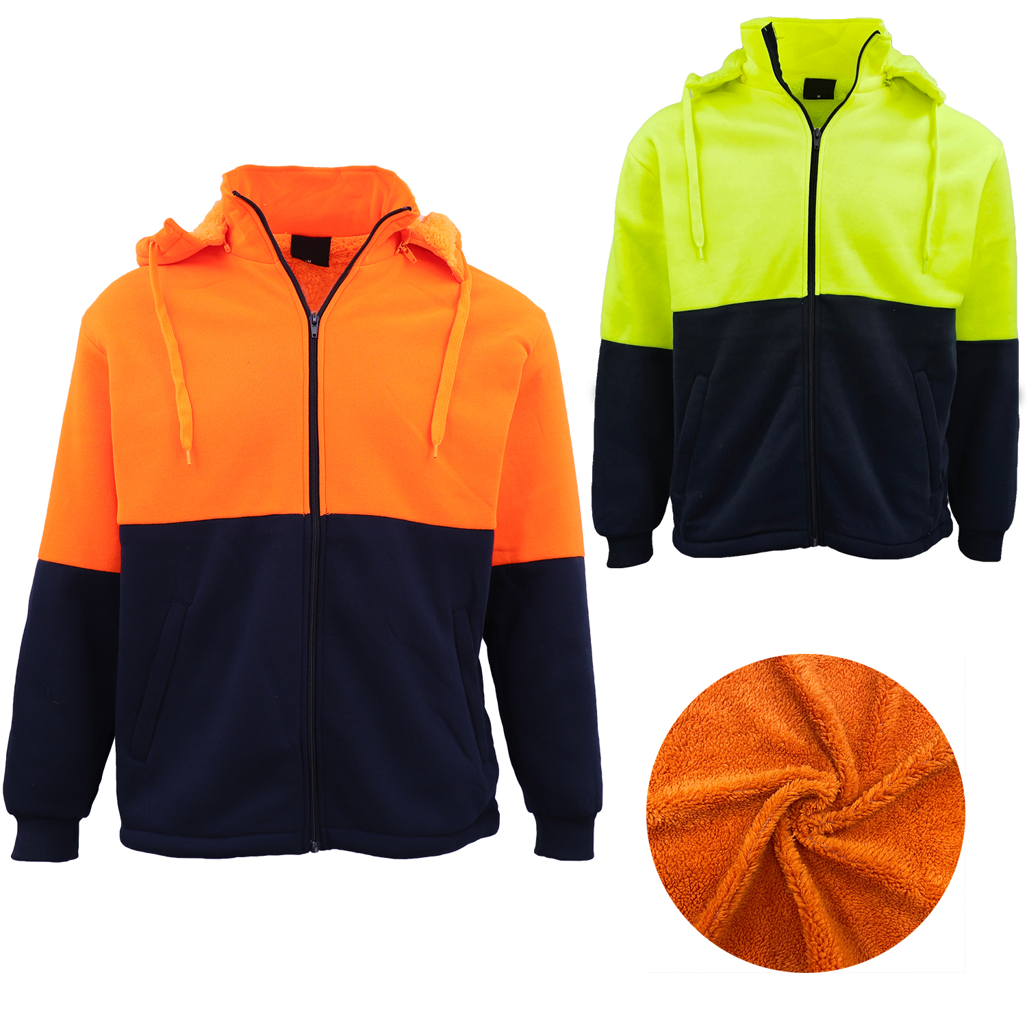 Hi-Vis Thick Sherpa Fur Fleece Hoodie Zip Jacket Jumper Detachable Hood Workwear