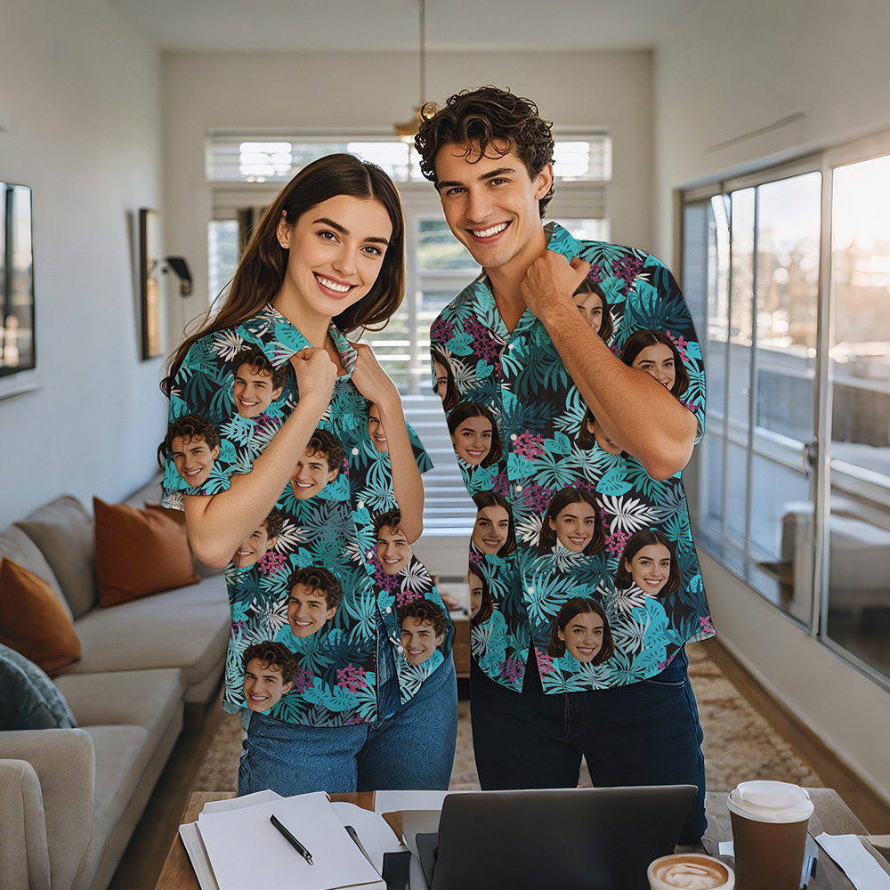 Custom Couple Hawaiian Shirts With Tropical Plant Face Aloha Shirts