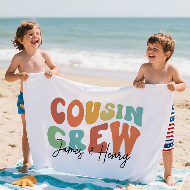 Personalized Name Cousin Crew Beach Towel, Perfect for Family Outings