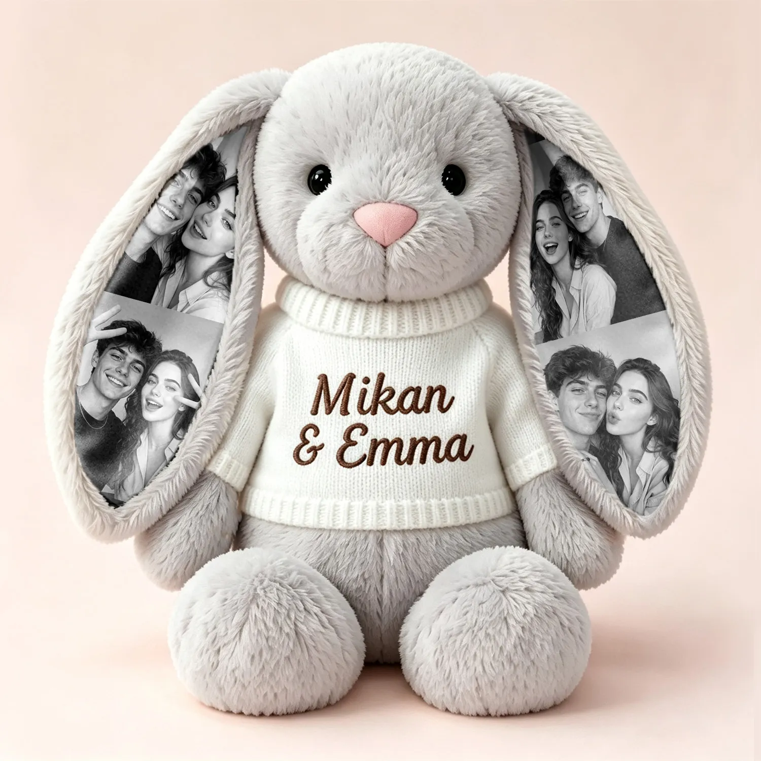 Custom Photo Bunny Plush with Personalized Name Embroidery & Hidden Ear Picture – Cute Bunny Gift for Couples, Anniversary Gifts - MyHawaiianShirtsAU