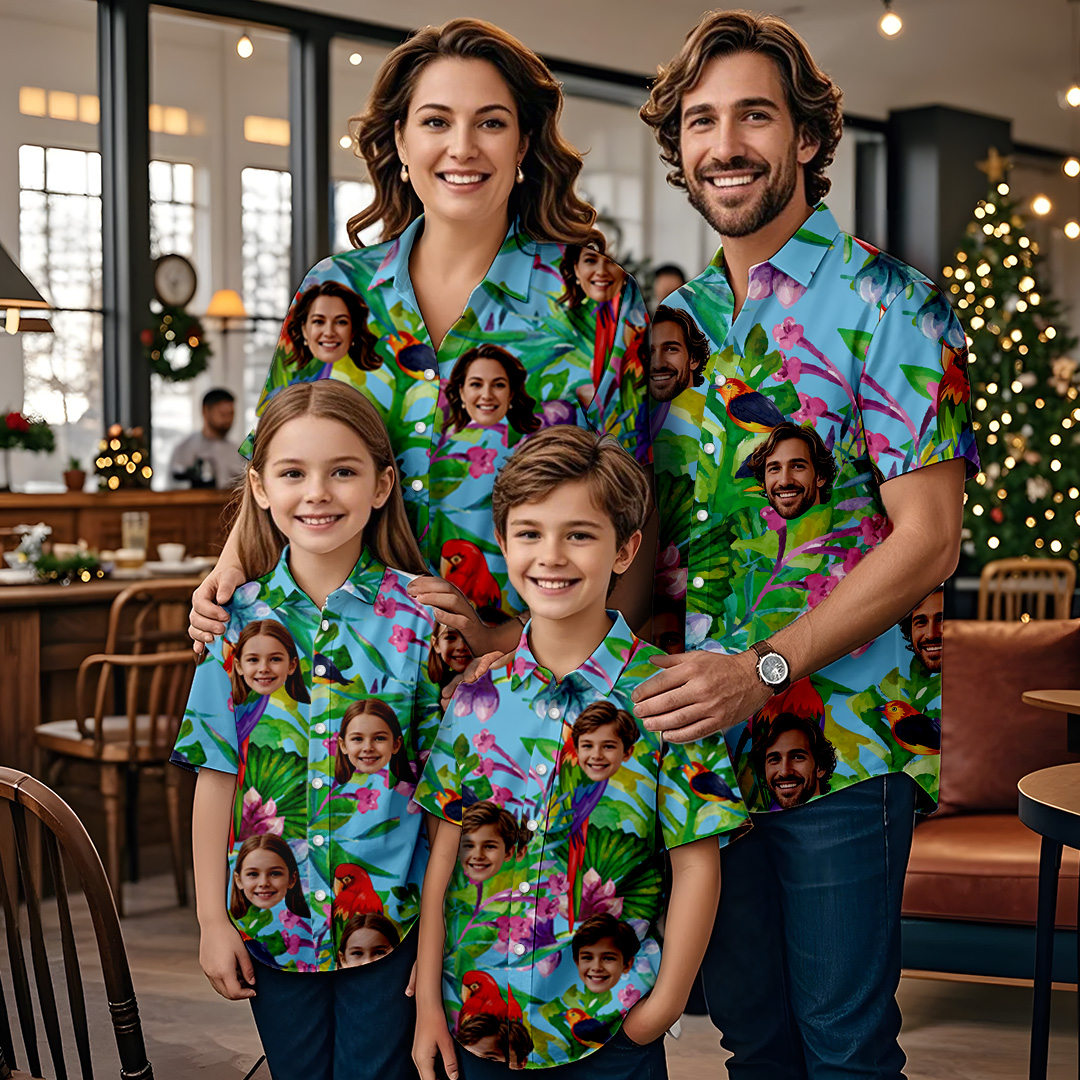 Christmas Family Matching Custom Photo Hawaiian Shirt Parent-child Wears Personalised Face Hawaiian Shirt Gift Colorful Parrot