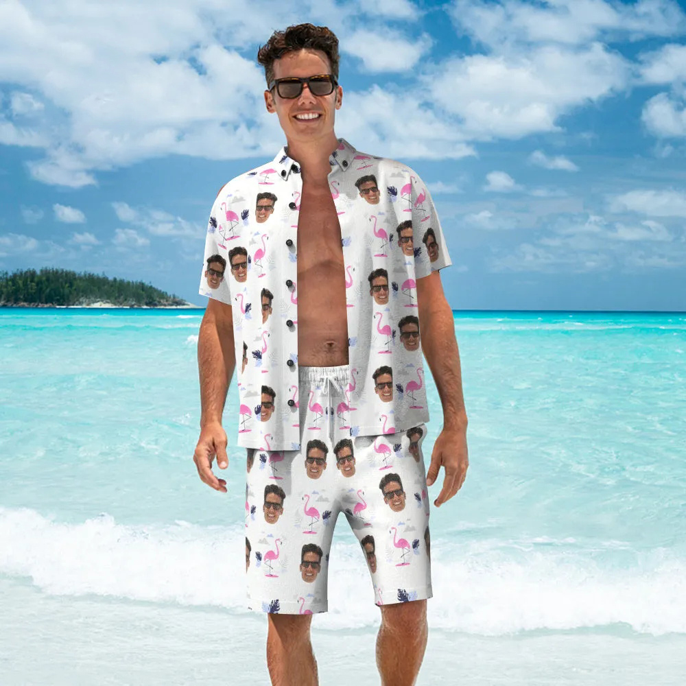 Custom Face Hawaiian Shirt And Beach Shorts Set Personalized Men's Photo Flamingo Print Set Vacation Party Gift