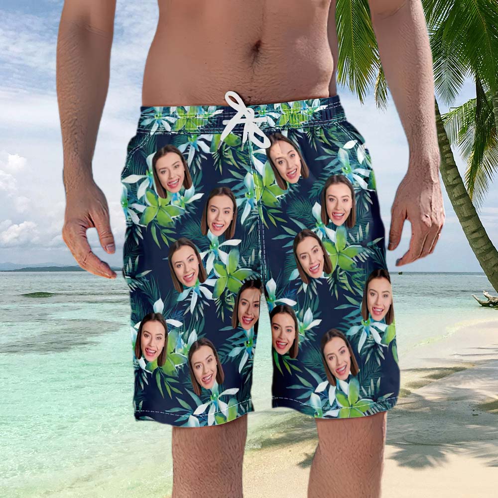 Men's Custom Face Beach Trunks Photo Shorts - Coconut tree