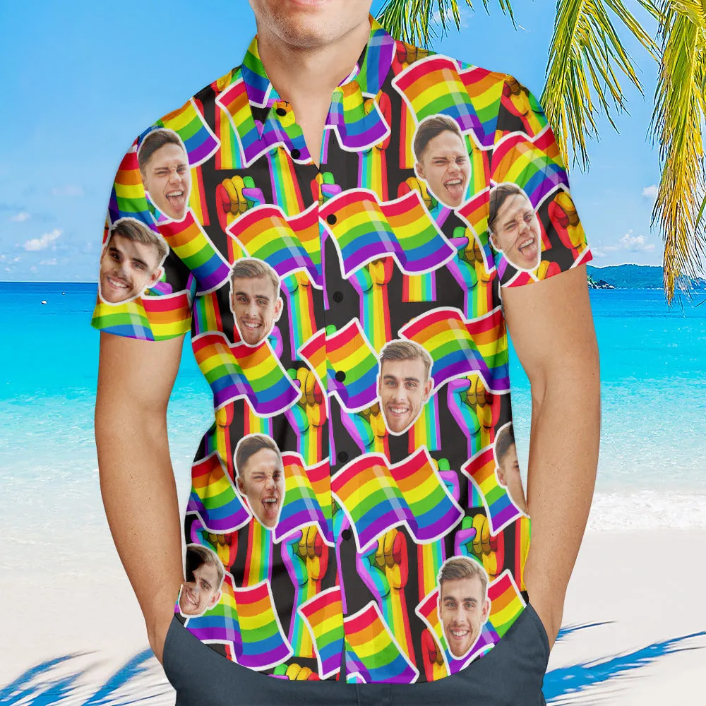 Custom Face Men Hawaiian Shirts Personalized LGBTQ Gay Pride Shirt - Rainbow Flag