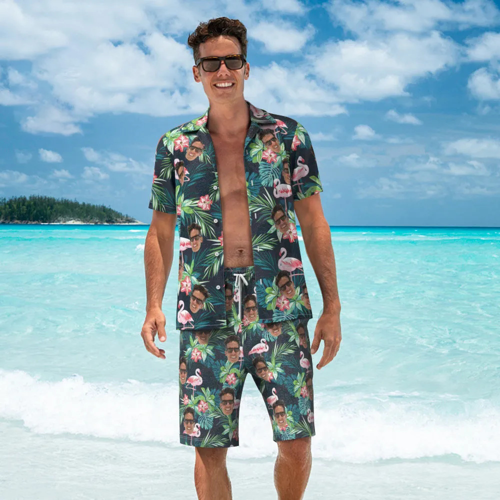 Custom Face Hawaiian Shirt And Beach Shorts Set Personalized Men's Photo Flamingo Flower Set Vacation Party Gift