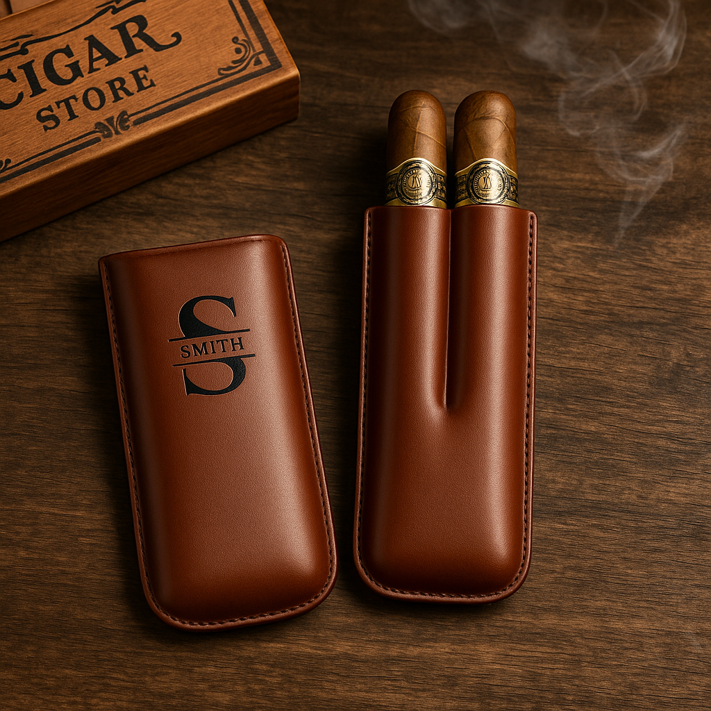 Custom Name Leather Cigar Travel Case for 2 Cigars, Personalized Gift for Him or Dad - MyHawaiianShirtsAU