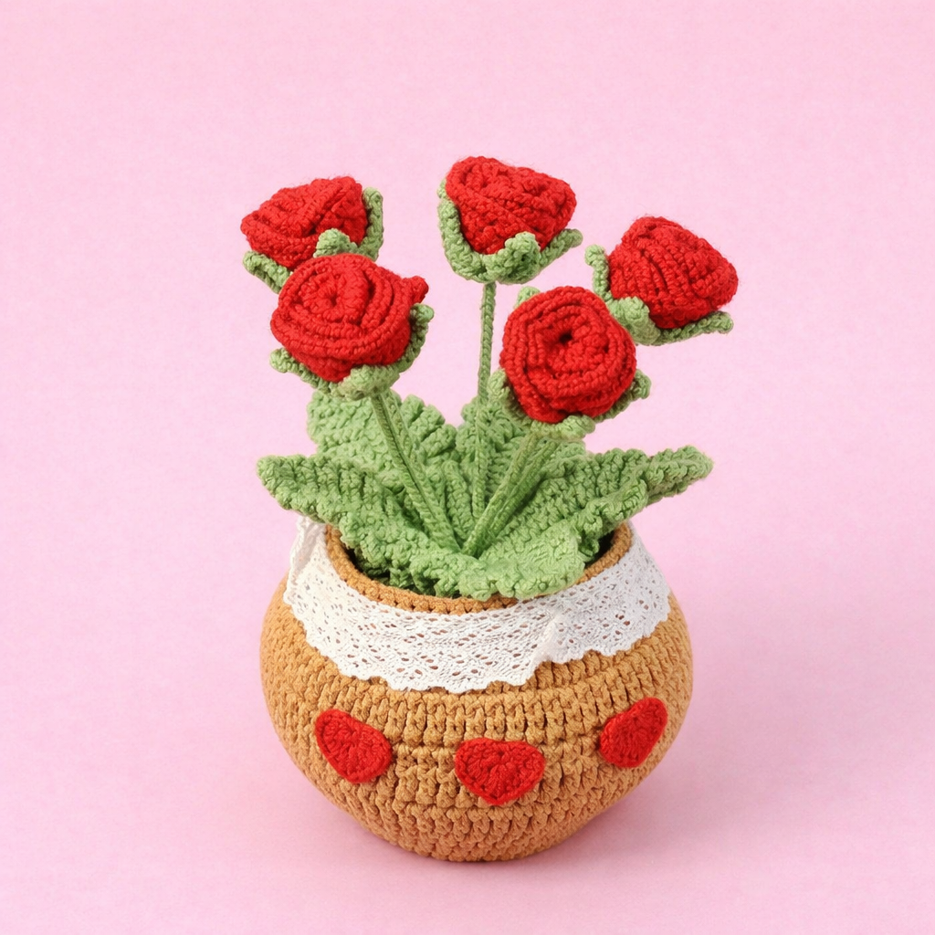 Handmade Crochet Rose Potted Plant Yarn Flower for Home Decor Gift - MyHawaiianShirtsAU