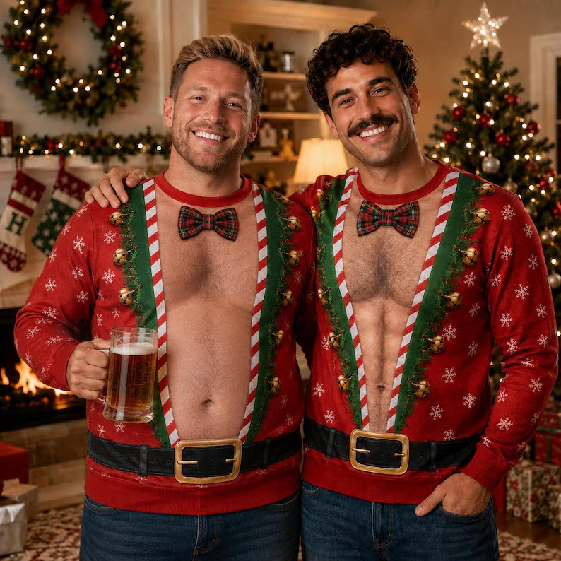 Funny Red Bow Tie Christmas Sweater – Sexy Santa Christmas Sweater for Men, Novelty Holiday Party Outfit - MyHawaiianShirtsAU