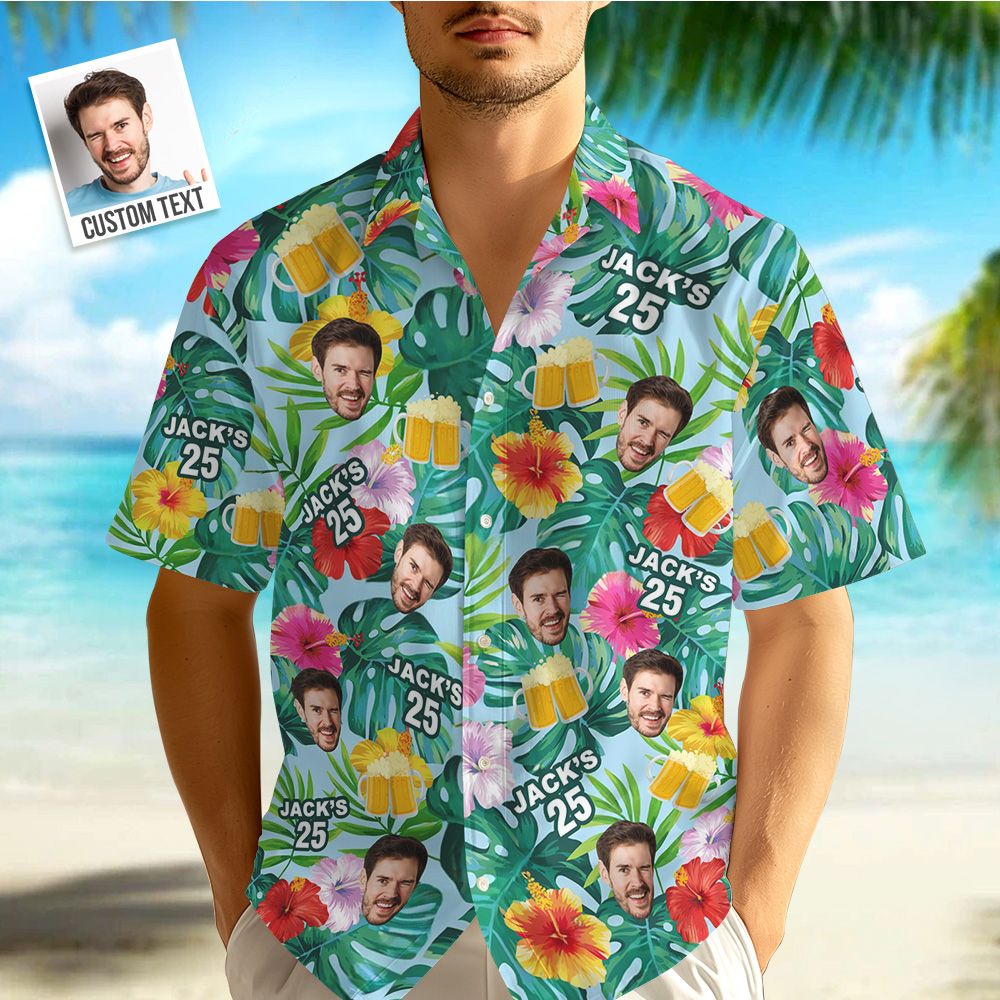 Custom Photo Birthday Shirt Personalized Tropical Plants & Beer Hawaiian Shirts With Age & Name Gift For Birthday - MyHawaiianShirtsAU