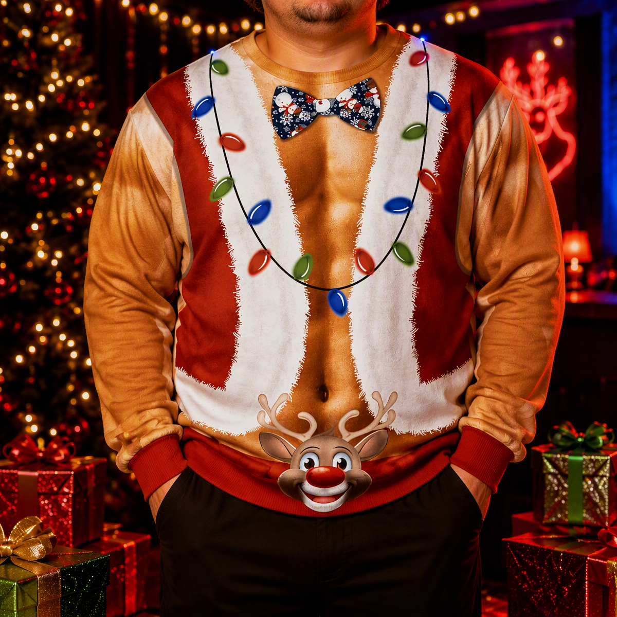 Funny Ripped Santa Muscle Abs Ugly Christmas Sweater – 3D Printed Christmas Lights & Reindeer Bowtie Sweatshirt, Novelty Holiday Party Outfit - MyHawaiianShirtsAU