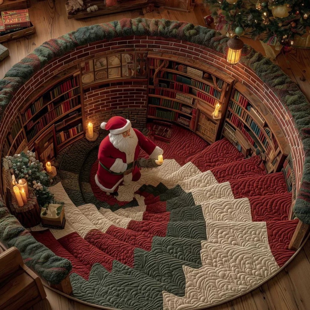 Santa Spiral Library Christmas Rug - Round Santa Claus Holiday Area Rug for Christmas Home Decor - MyHawaiianShirtsAU