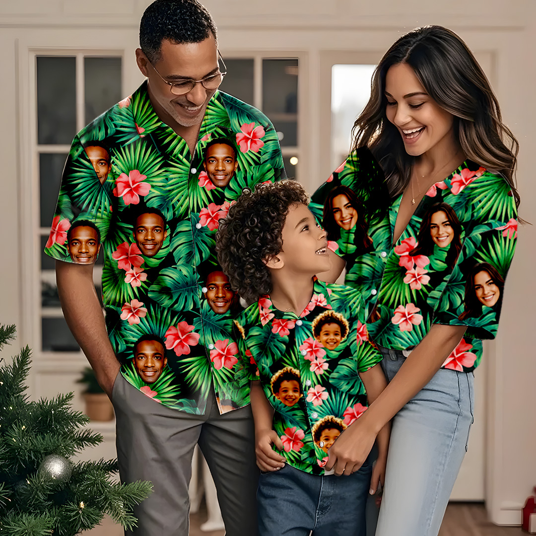 Christmas Gift For Family Custom Photo Hawaiian Shirt Parent-child Wears Personalised Face Hawaiian Shirt Gift Red Flowers