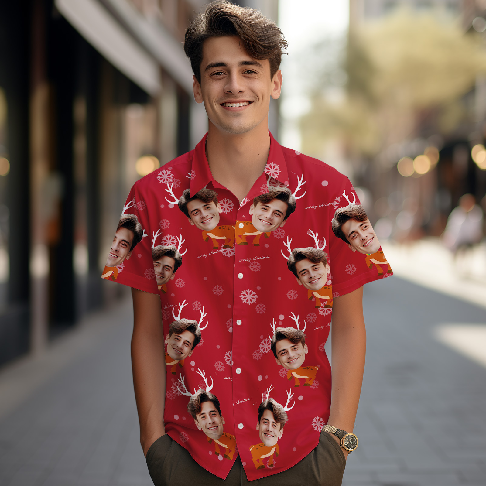 Custom Christmas Face Button-down Shirts Custom Face Hawaiian Shirts With Elk For Him