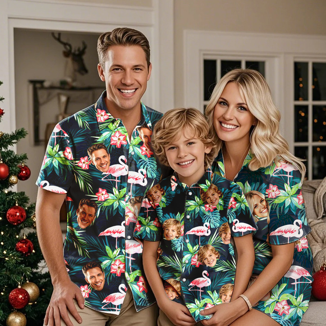 Christmas Family Custom Photo Hawaiian Shirt Parent-child Wears Personalised Face Hawaiian Shirt Gift Flamingo Flower