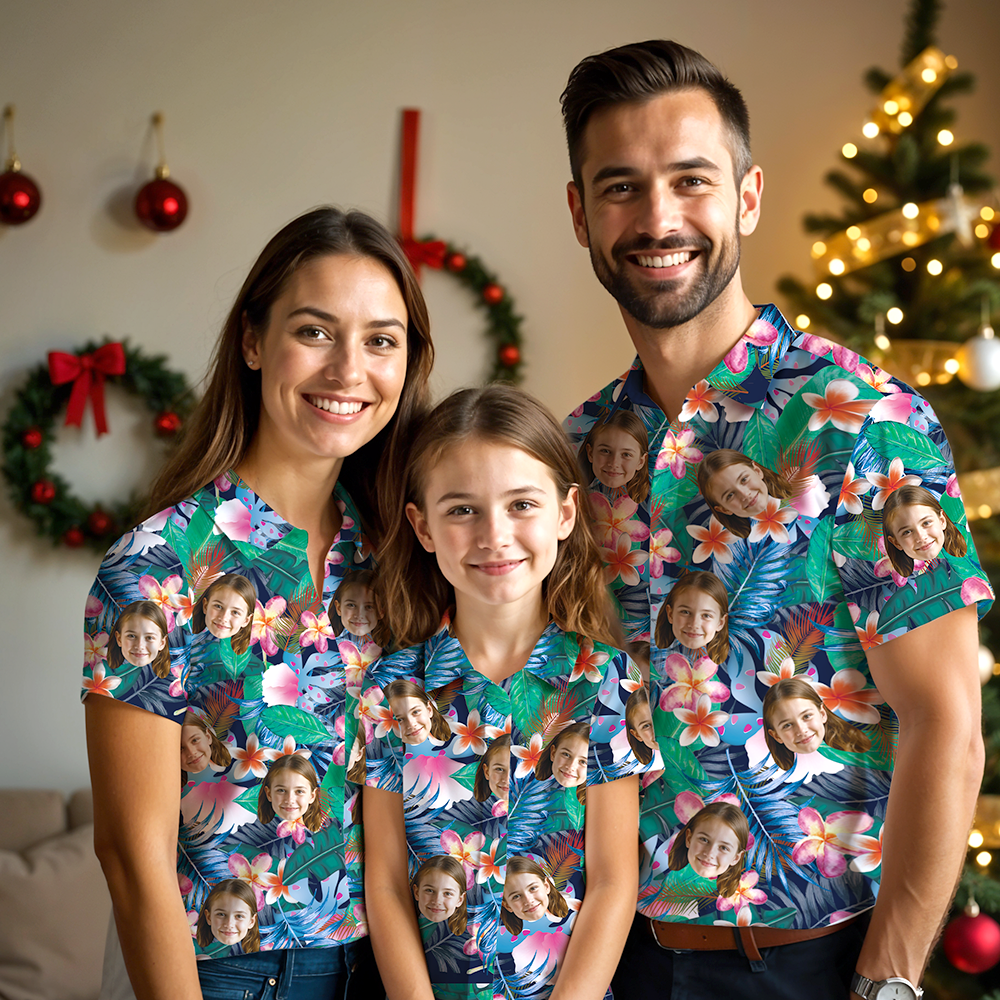 Custom Photo Hawaiian Shirt Family Christmas Parent-child Wears Personalised Face Hawaiian Shirt Gift Colorful Flowers