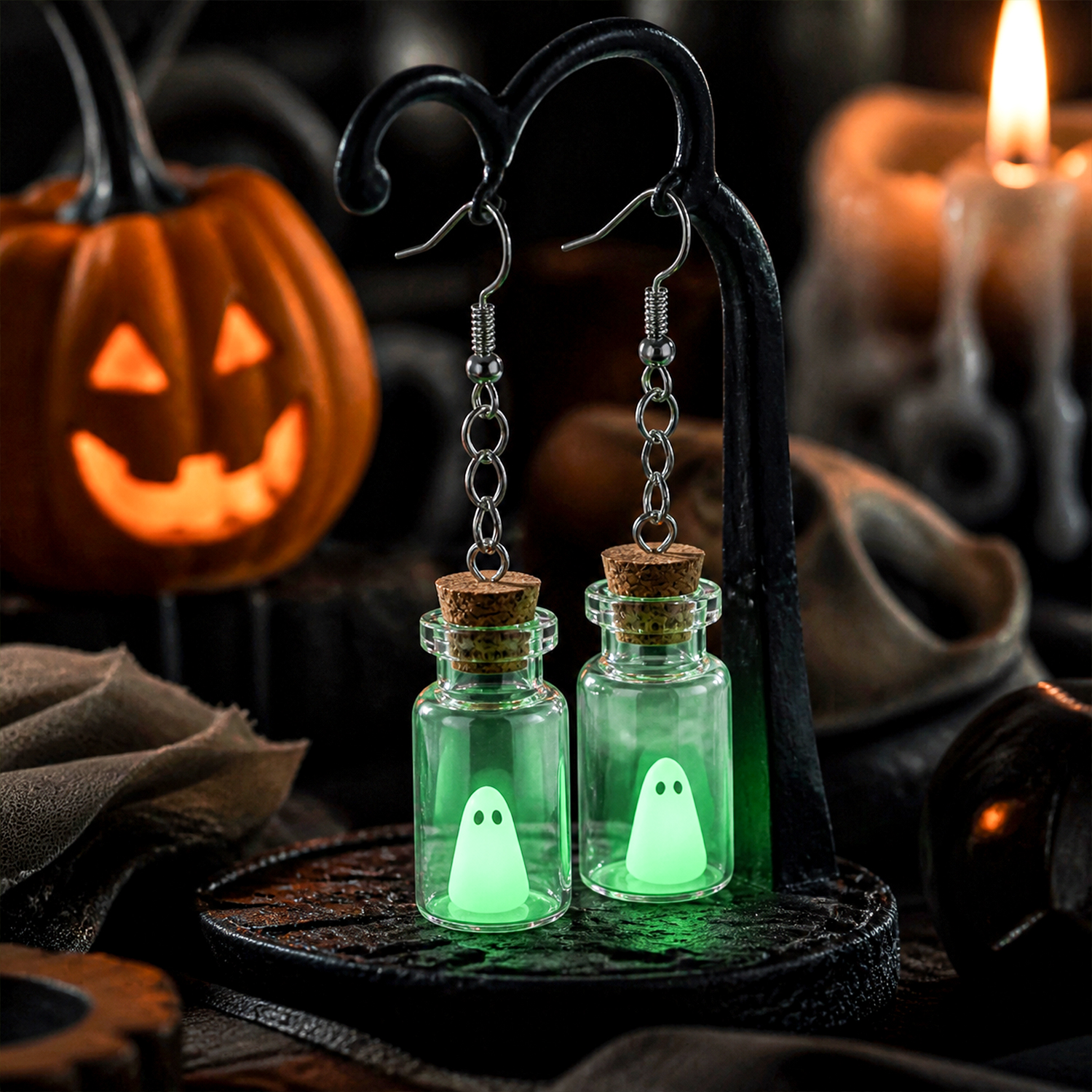 Glow-in-the-Dark Ghost Bottle Jewelry – Halloween Earrings & Necklace, Cute Mini Glass Ghost Pendant