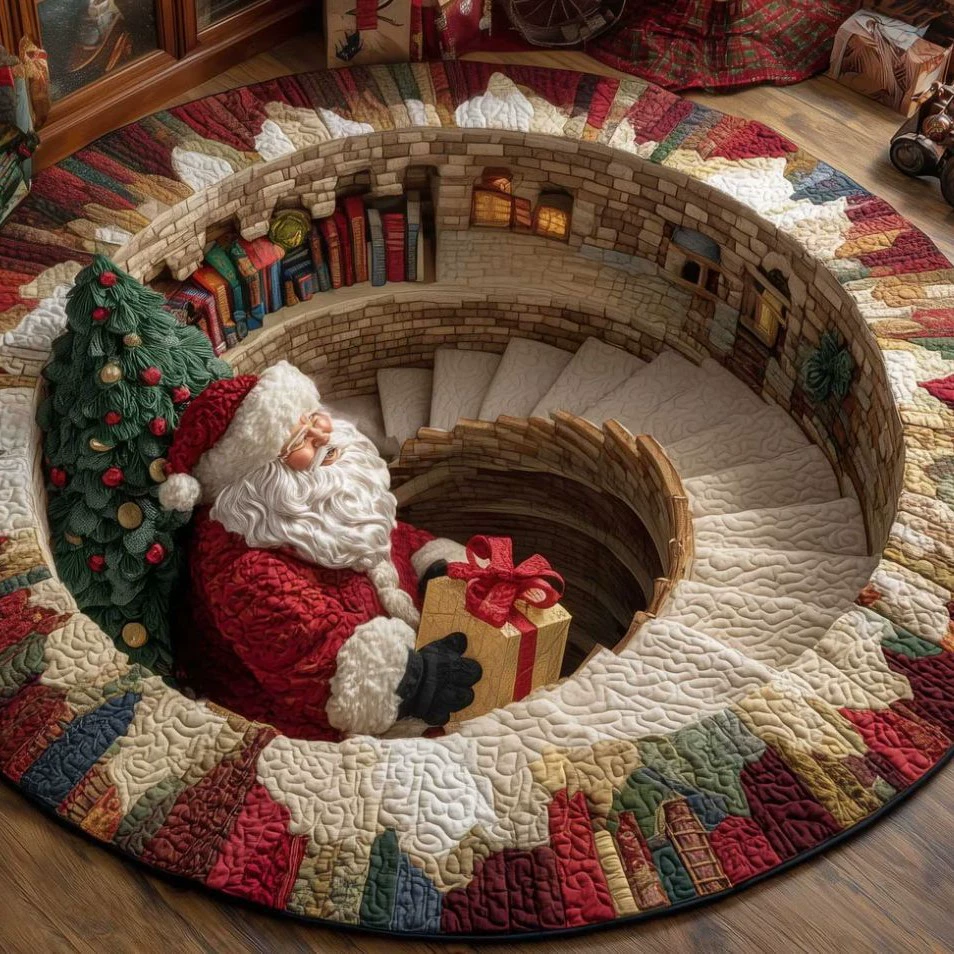 3D Christmas Optical Illusion Round Rug – Bottomless Hole Santa & Gnome Area Rug, Festive Holiday Doormat, Cozy Winter Home Floor Decor - MyHawaiianShirtsAU