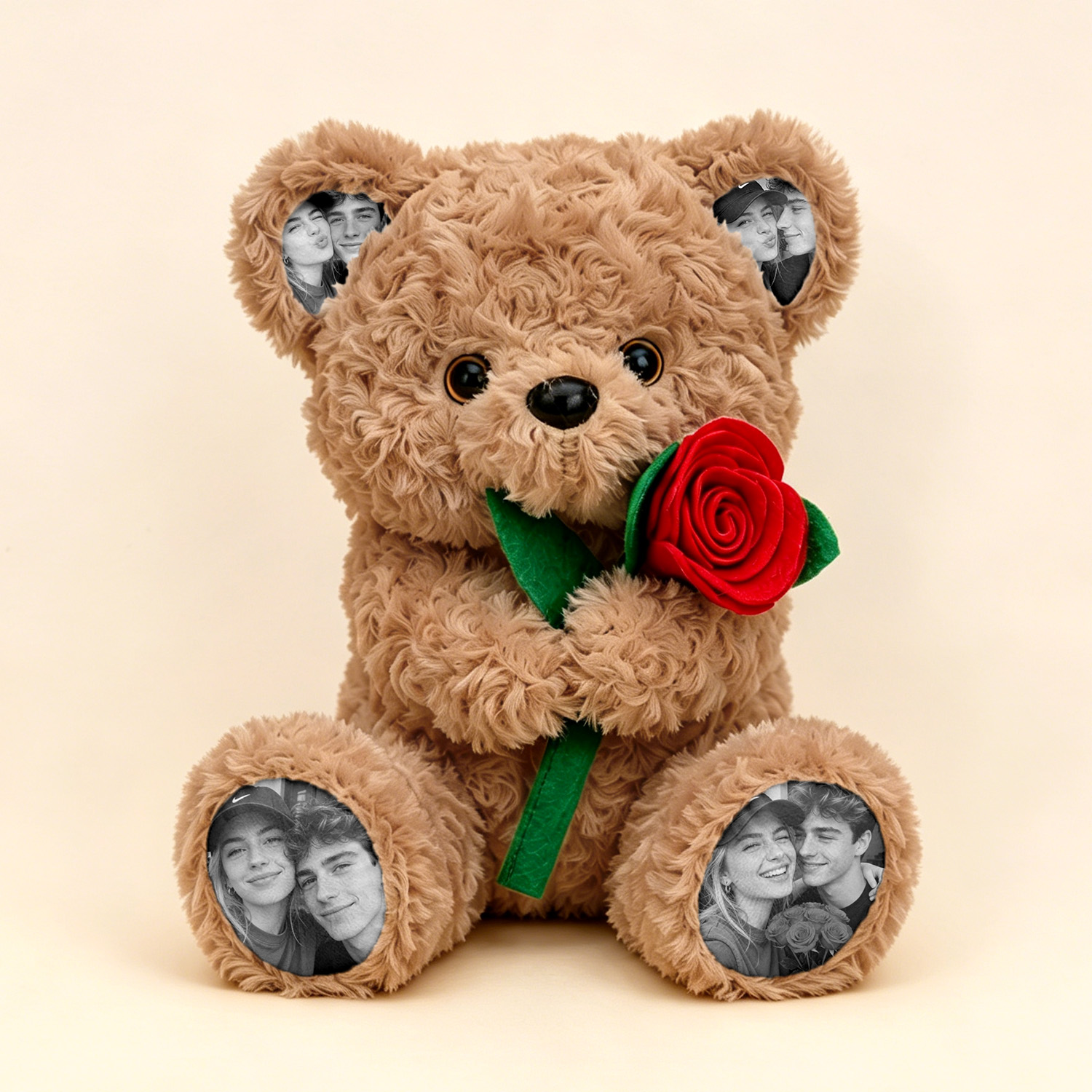 Custom Photo Teddy Bear with Rose Personalized Plush Bear with Pictures on Ears & Feet, Romantic Gift for Valentine's Day, Anniversary, Birthday