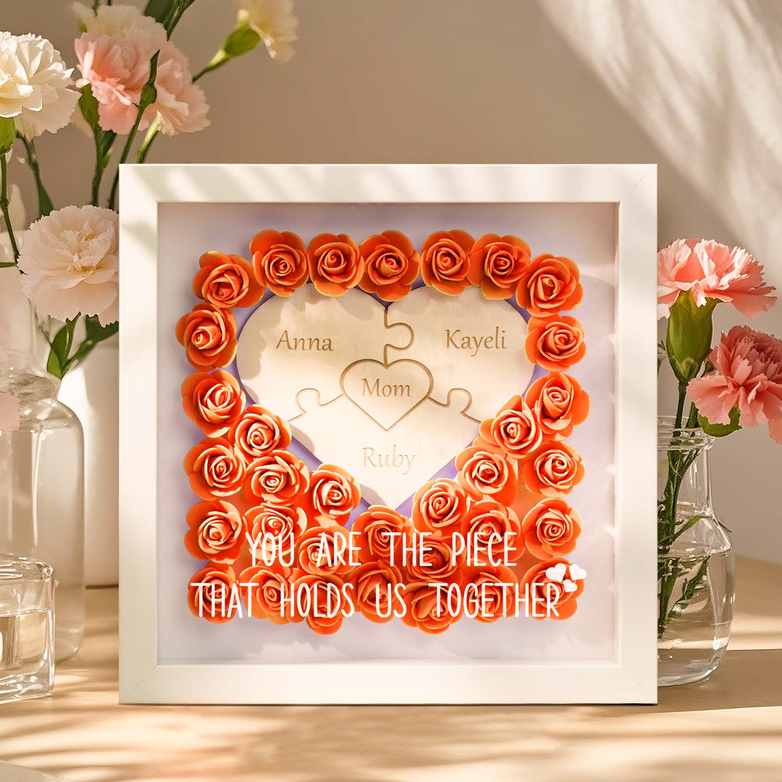Personalized Puzzle Piece Mom Heart Shaped Flower Shadow LED Box