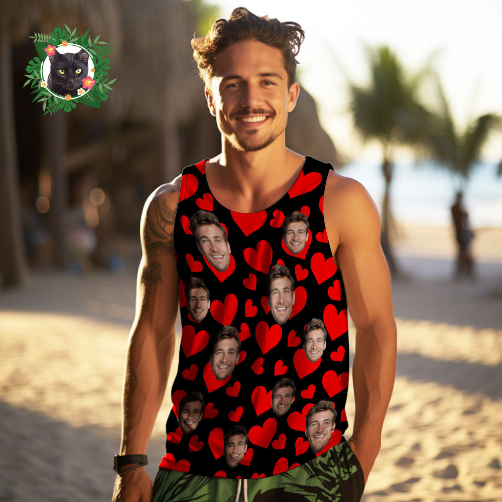 Custom Face Tank Tops Men's Sleeveless Shirt Red Hearts Valentine's Day Gifts - MyHawaiianShirtsAU