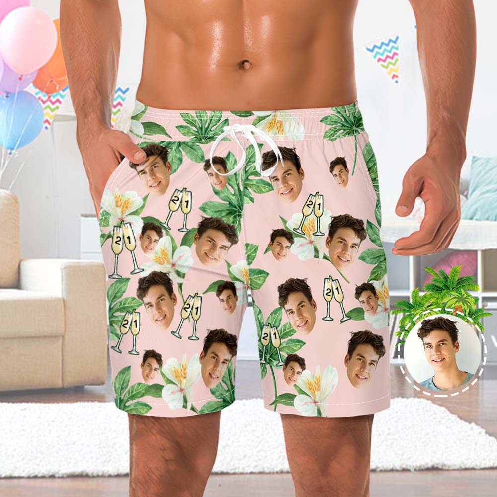 Custom Face Beach Shorts Number in Wine Glass Pink And Green Sleeves Face Beach Trunks Gift for Him - MyHawaiianShirtsAU