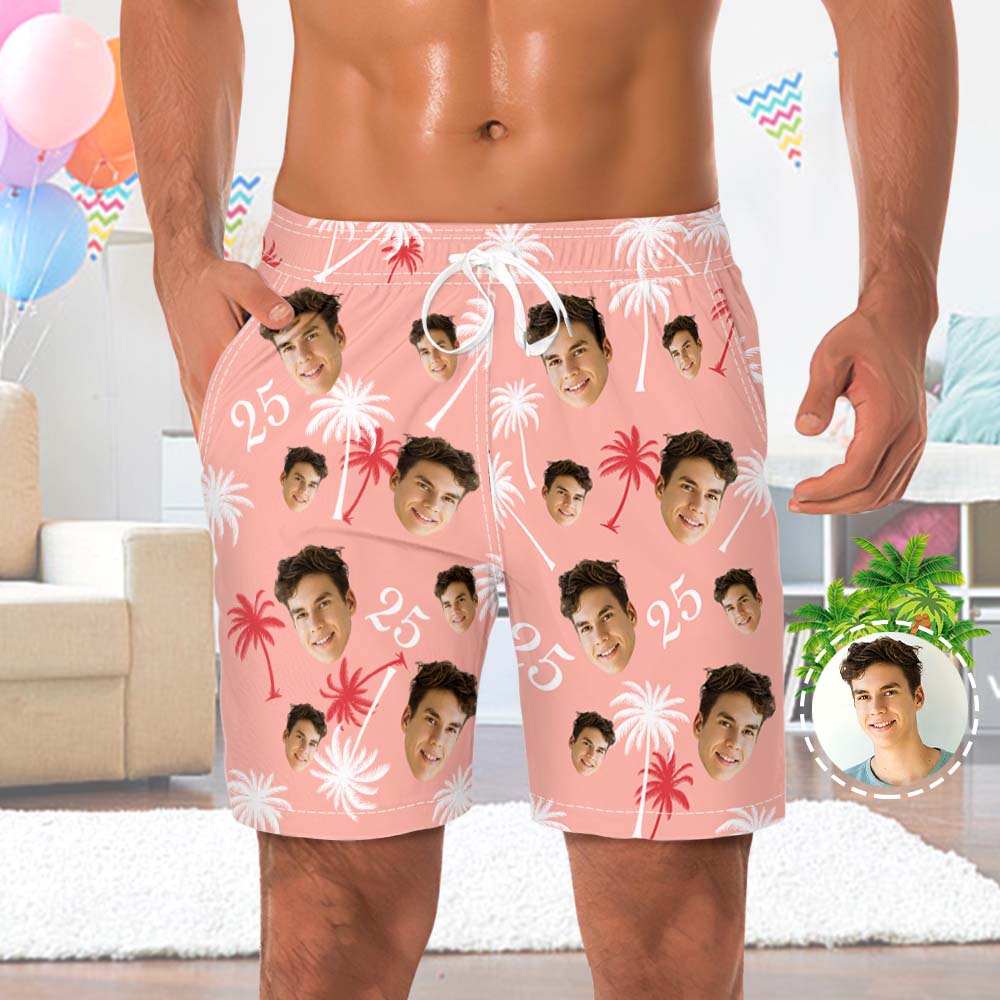 Custom Face And Number Birthday Beach Shorts Red And White Coconut Tree Beach Trunks - MyHawaiianShirtsAU