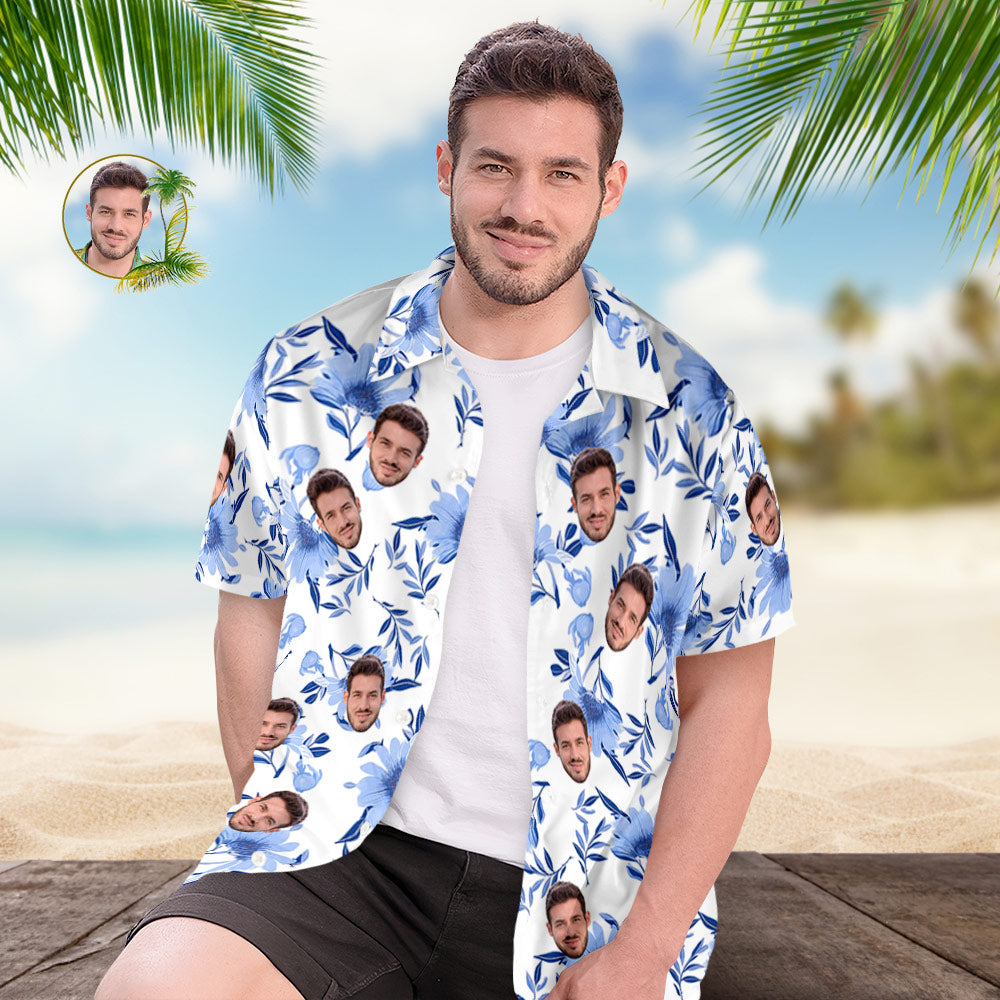 Custom Face All Over Print Men's Hawaiian Shirt Blue Leaves Gift for Him