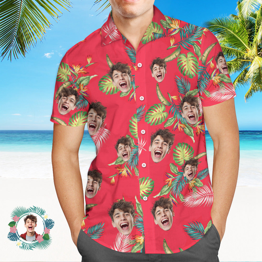 Custom Men's Shirt Face All Over Print  Hawaiian Shirt red Leaves - MyHawaiianShirtsAU