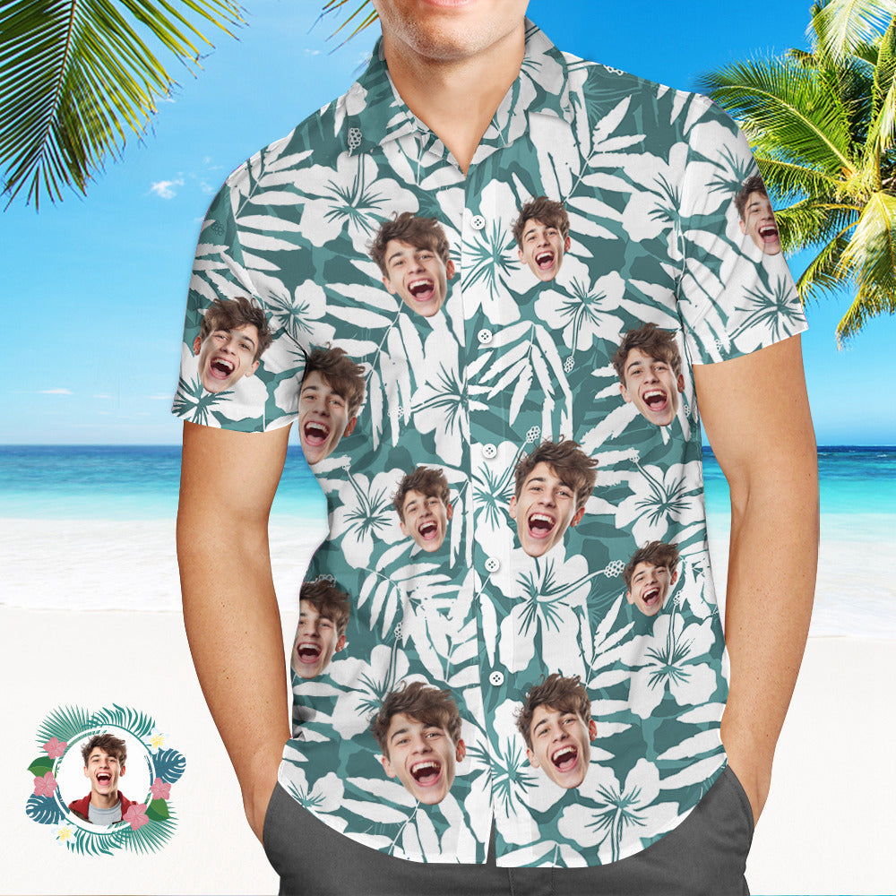 Custom Men's Shirt Face All Over Print Hawaiian Shirt White Green Large Leaves - MyHawaiianShirtsAU
