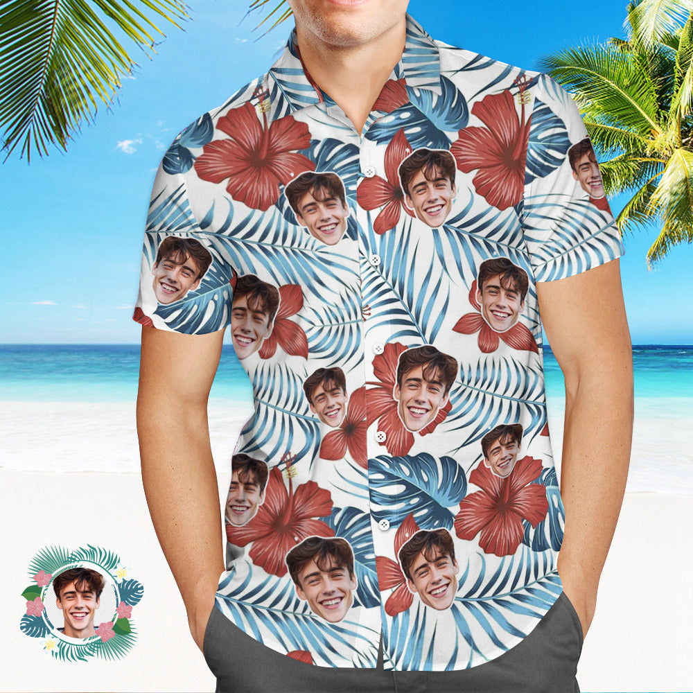 Custom Men's Shirt Face All Over Print Hawaiian Shirt White Hibiscus - MyHawaiianShirtsAU