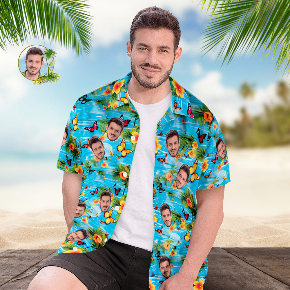 Custom Face All Over Print Men's Hawaiian Shirt Butterflies Yellow Flowers and Leaves - MyHawaiianShirtsAU