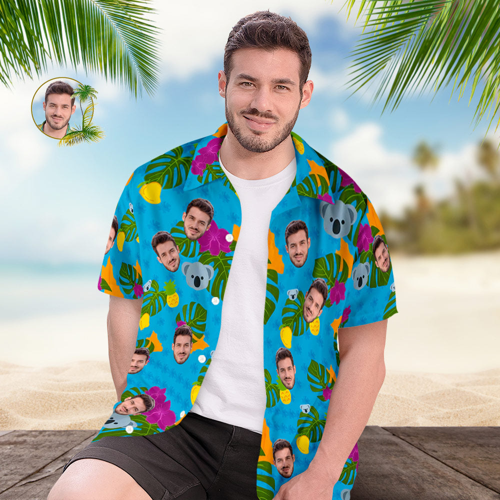 Custom Face All Over Print Men's Hawaiian Shirt Cute Koala and Leaves Gift for Him - MyHawaiianShirtsAU