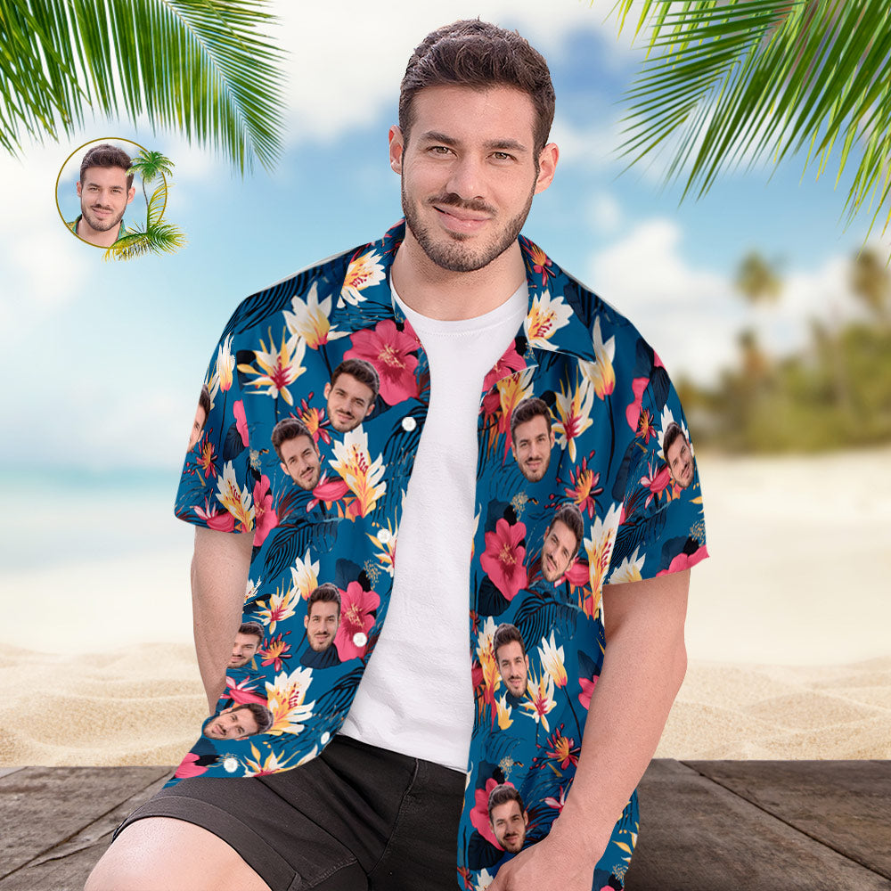 Custom Face All Over Print Men's Hawaiian Shirt Pink Flowers and Monst
