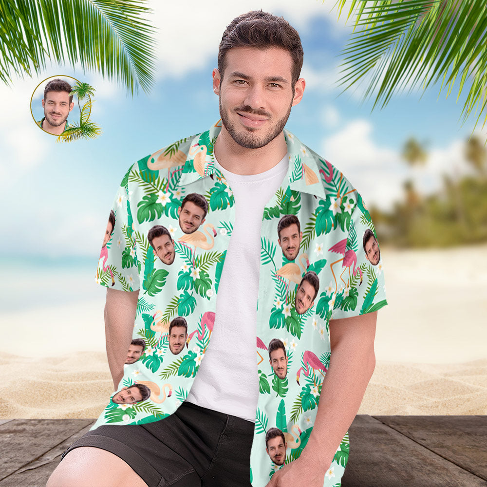 Custom Men's Shirt Face All Over Print  Hawaiian Shirt Green Leaves and Flamingo - MyHawaiianShirtsAU
