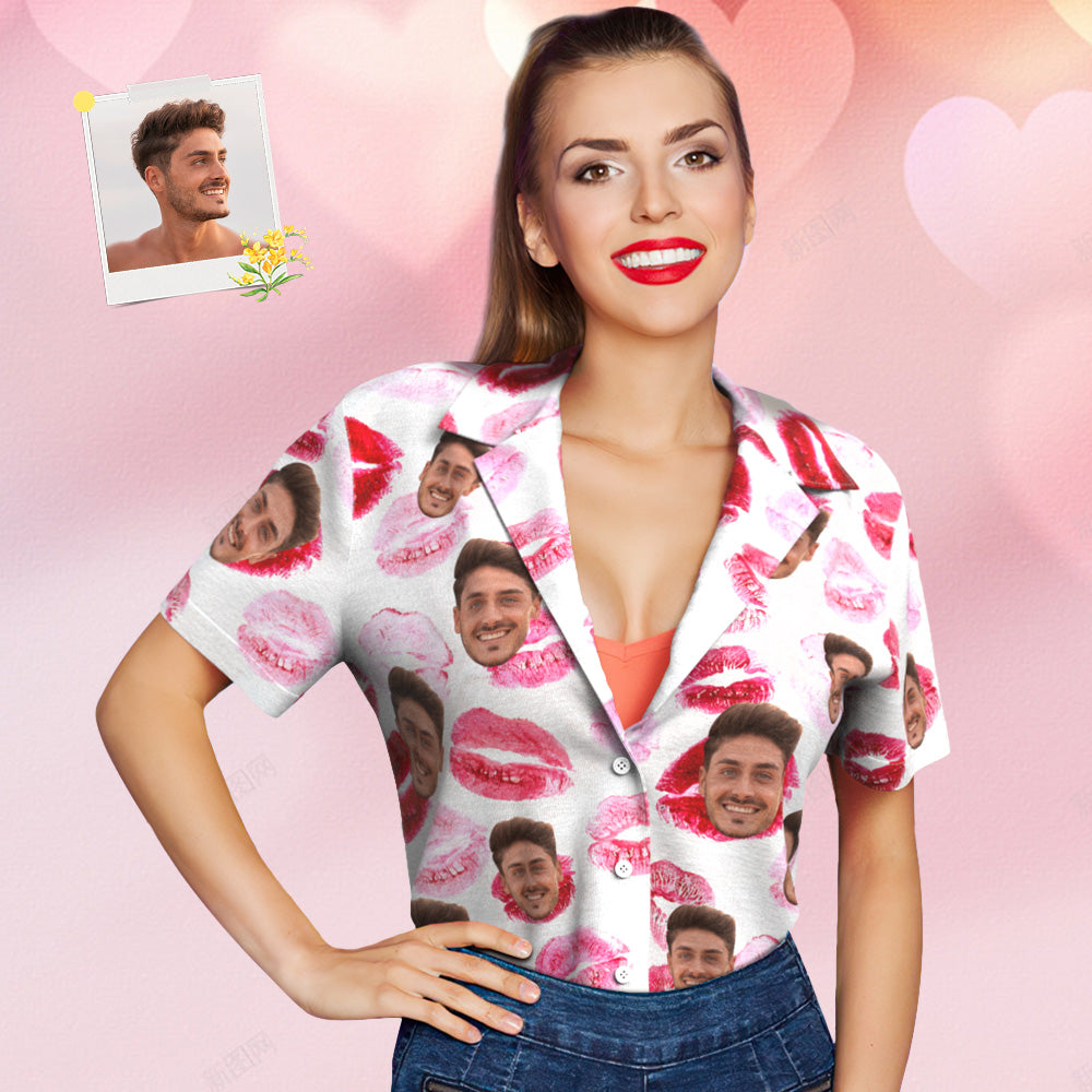 Custom Face Hawaiian Shirt for Women Personalized Women's Photo Hawaiian Shirt Gift for Her - Red lips - MyHawaiianShirtsAU