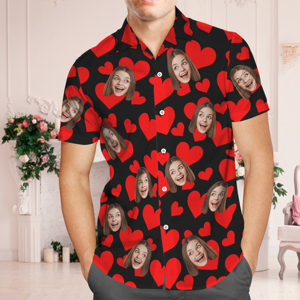 Custom Face Hawaiian Shirt Flamingo Tropical Shirt Couple Outfit Red Hearts Valentine's Day Gifts for Couple - MyHawaiianShirtsAU