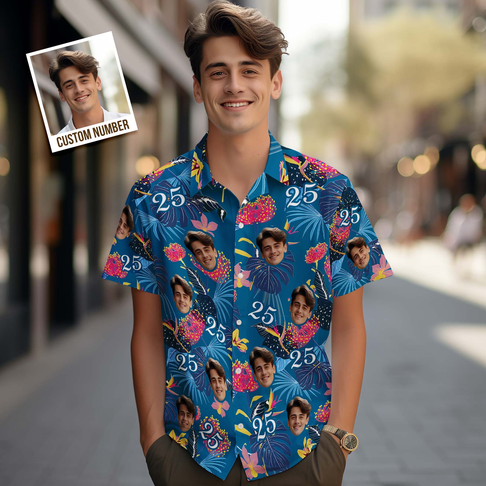 Custom Face Hawaiian Shirt Number and Face Hawaiian Shirt Dark Blue Sleeves and Pink Flowers - MyHawaiianShirtsAU