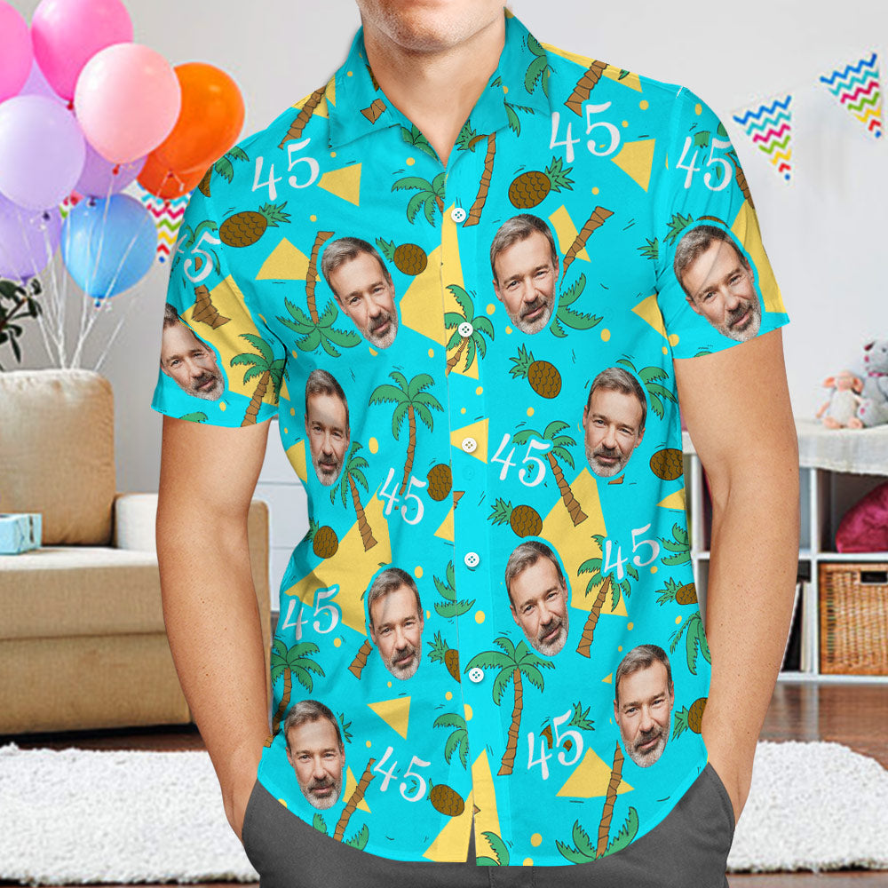 Custom Face and Numbers Hawaiian Shirt Father's Day Birthday Present Coconut Tree and Pineapple Gifts - MyHawaiianShirtsAU