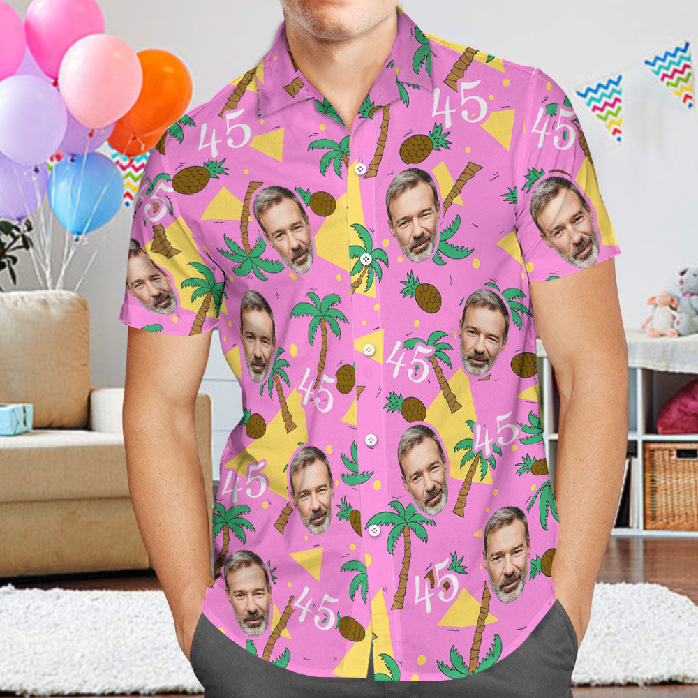 Custom Multi-color Face and Numbers Hawaiian Shirt Father's Day Birthday Present Coconut Tree and Pineapple Gift for Dad - MyHawaiianShirtsAU