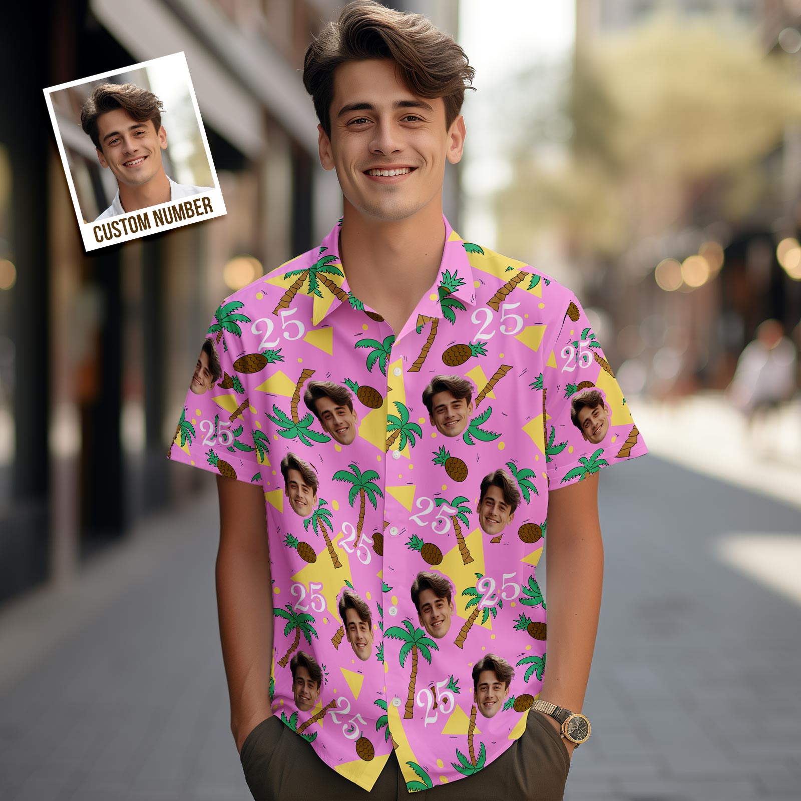 Custom Multi-color Face and Numbers Hawaiian Shirt Coconut Tree and Pineapple Gift for Men - MyHawaiianShirtsAU