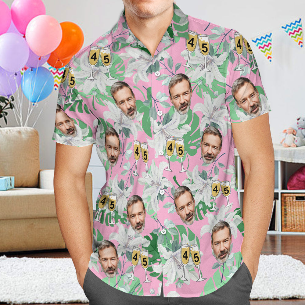 Custom Face Hawaiian Shirt Father's Day Birthday Present Number in Wine Glass Pink And Green Sleeves Face Hawaiian Shirt Gift for Dad - MyHawaiianShirtsAU