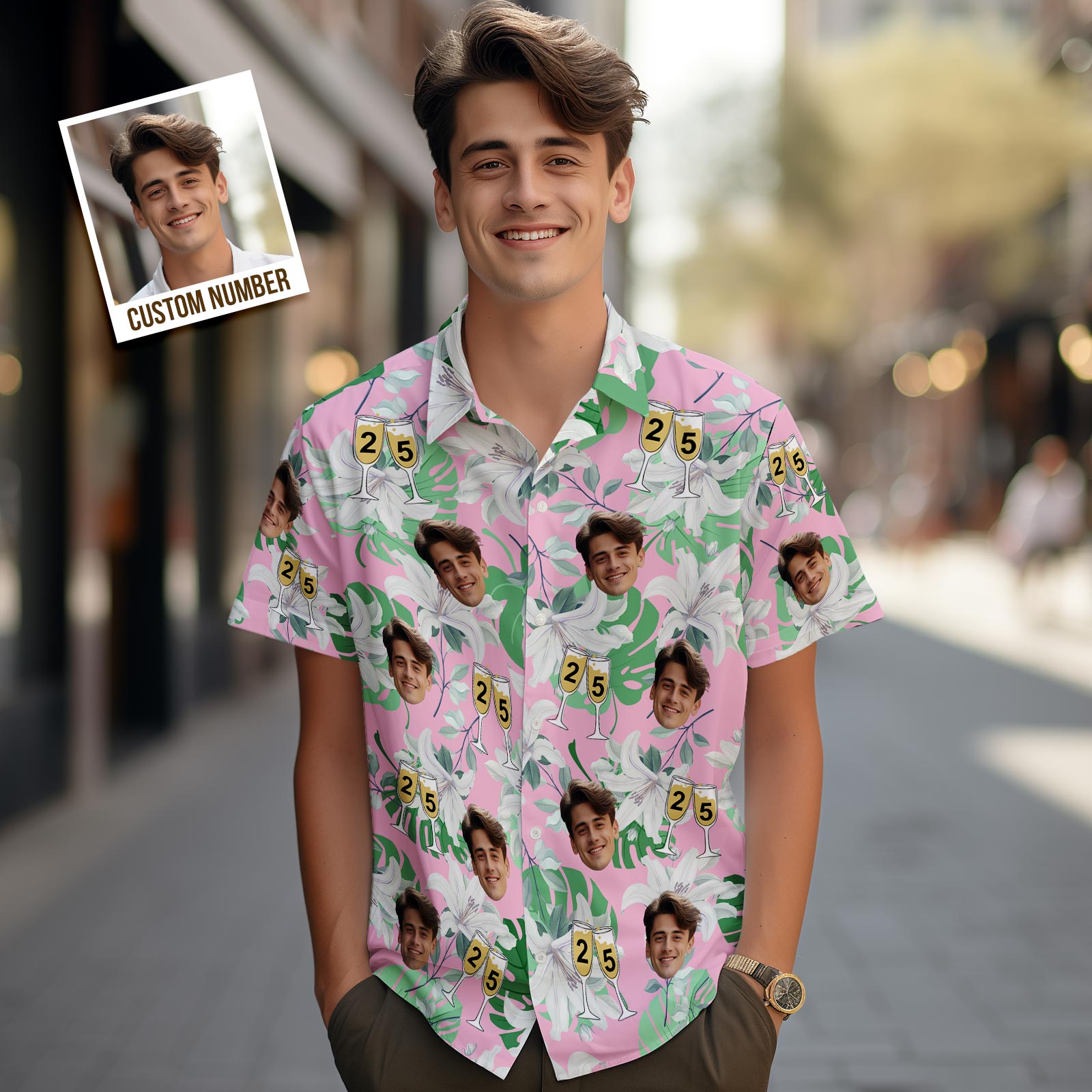 Custom Face Hawaiian Shirt Number in Wine Glass Pink And Green Sleeves Face Hawaiian Shirt Gift for Him - MyHawaiianShirtsAU
