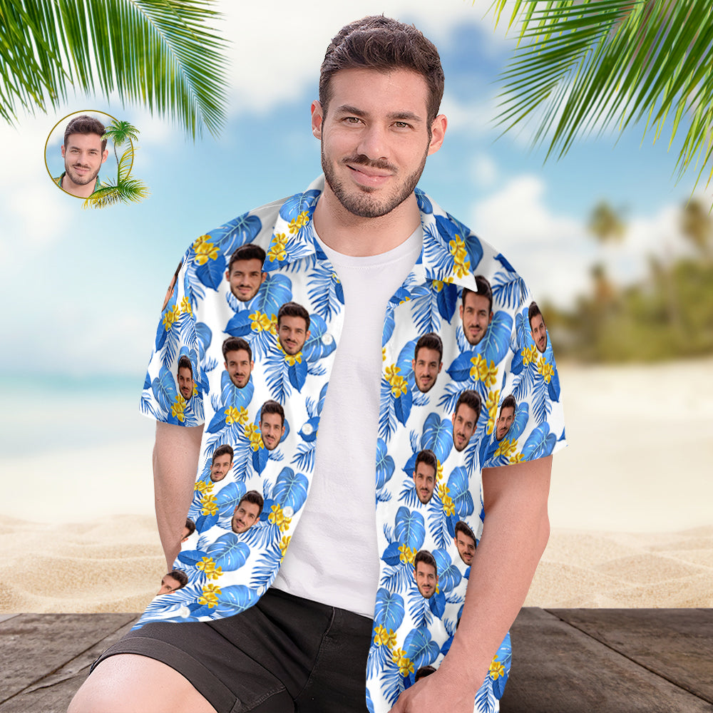 Custom Hawaiian Shirt for Men Personalised Short Sleeves Shirt with Picture Face Photo Printed Hawaii Shirt Blue Flower - MyHawaiianShirtsAU